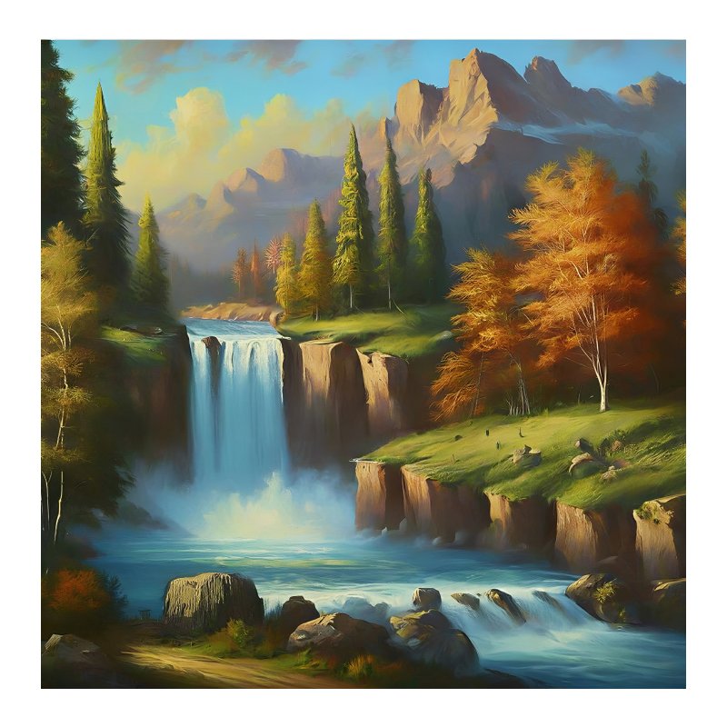 Waterfall in a Forest with Mountains Painting